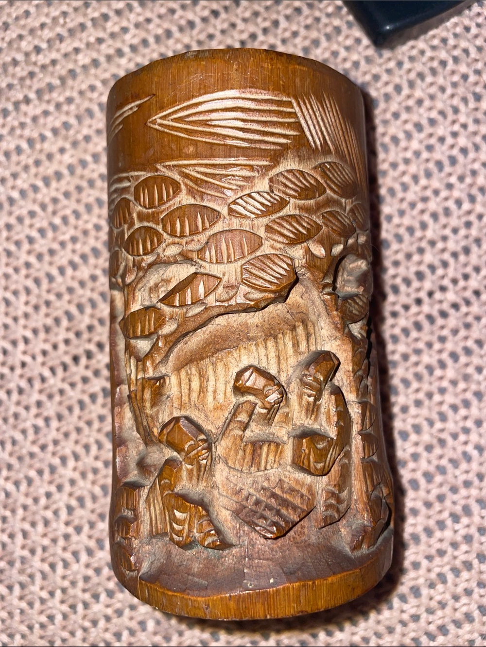Carved Wooden Cylinder with Intricate Landscape Carving - Brown